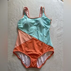 Lands End Colorblock Women’s One-Piece Swimsuit Aqua Peach Orange NWT 14 petite